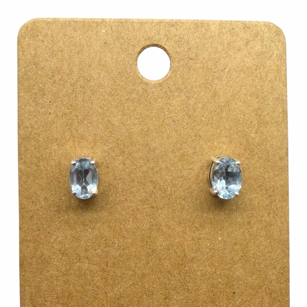 Blue Topaz Stud Earrings Solid 925 Sterling Silver Faceted Oval Stone